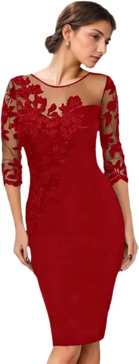 2025 Fashion Sheath/Column Mother of The Bride Dress Illusion 3/4 Length Sleeve Knee Length Lace Appliques Evening Dress