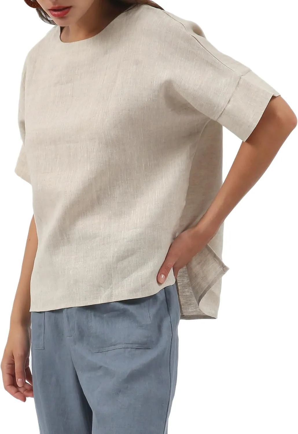 Amazhiyu Womens 100% Linen Tops Crewneck Short Sleeve Blouses Casual Summer