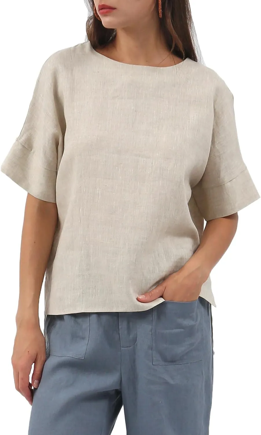 Amazhiyu Womens 100% Linen Tops Crewneck Short Sleeve Blouses Casual Summer
