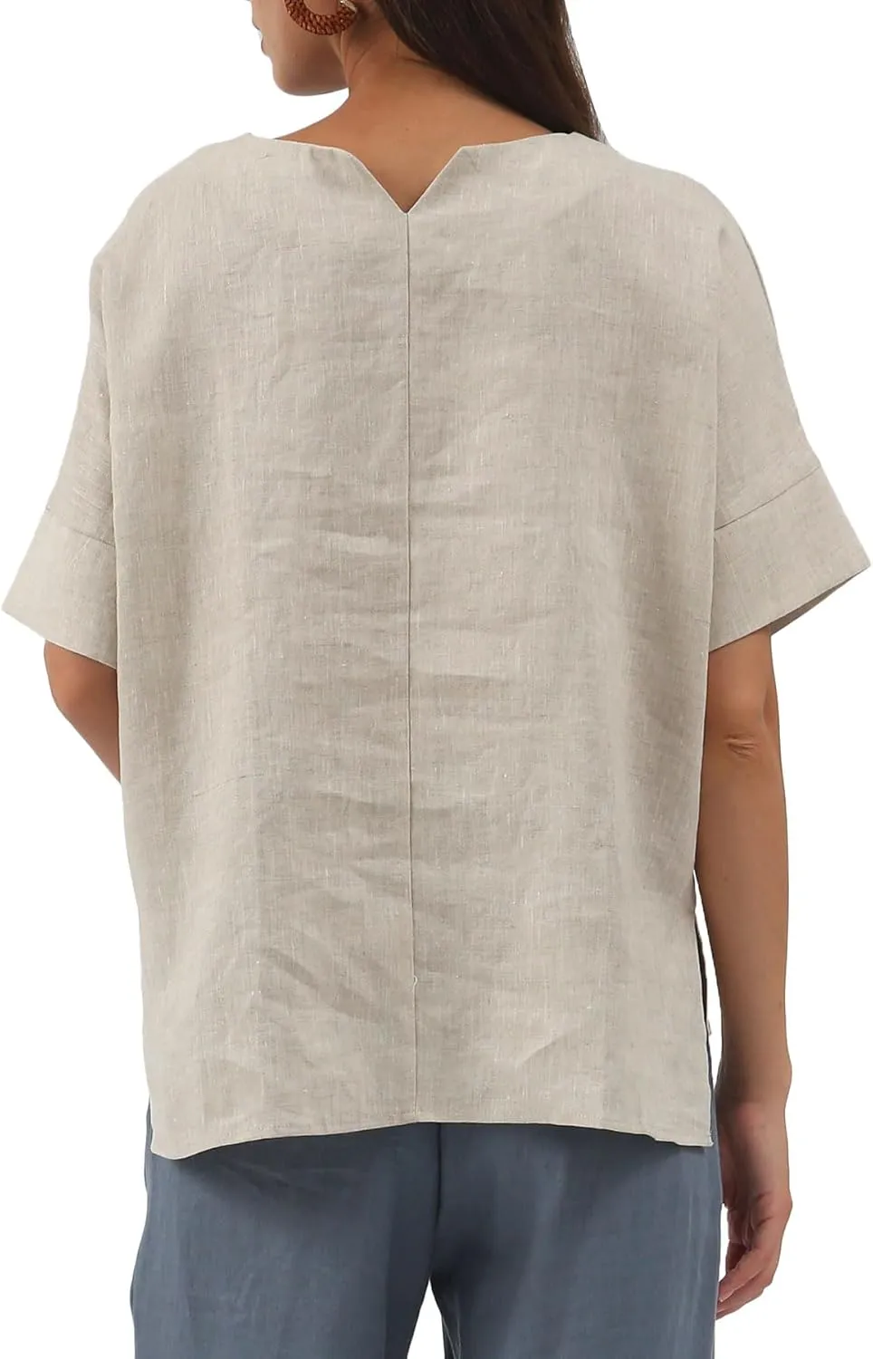 Amazhiyu Womens 100% Linen Tops Crewneck Short Sleeve Blouses Casual Summer