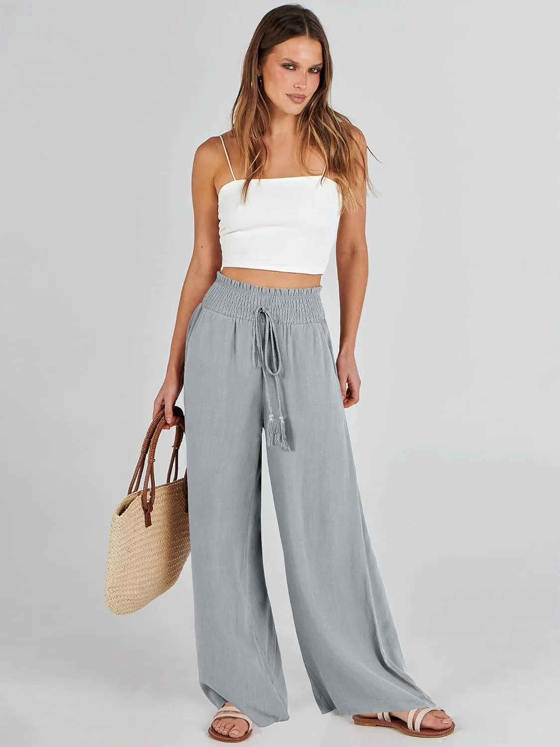 ANRABESS Women's Linen Pants Summer Casual Palazzo Beach Pant Drawstring High Waist Wide Leg Trousers Vacation Outfits