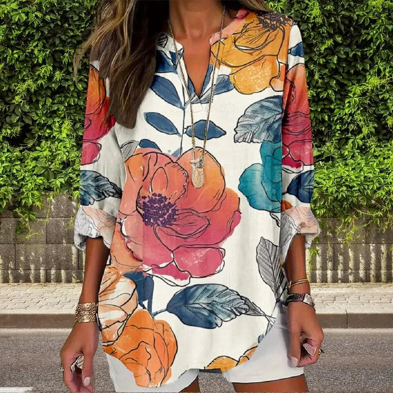 Boho Floral Linen Shirt for Women V Neck Long Sleeve Blouse Vintage Printed Casual Loose Fit Fall Tunic Tops