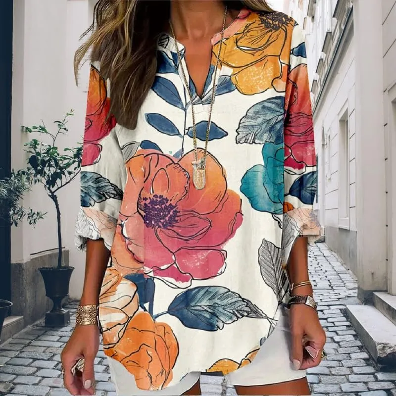 Boho Floral Linen Shirt for Women V Neck Long Sleeve Blouse Vintage Printed Casual Loose Fit Fall Tunic Tops