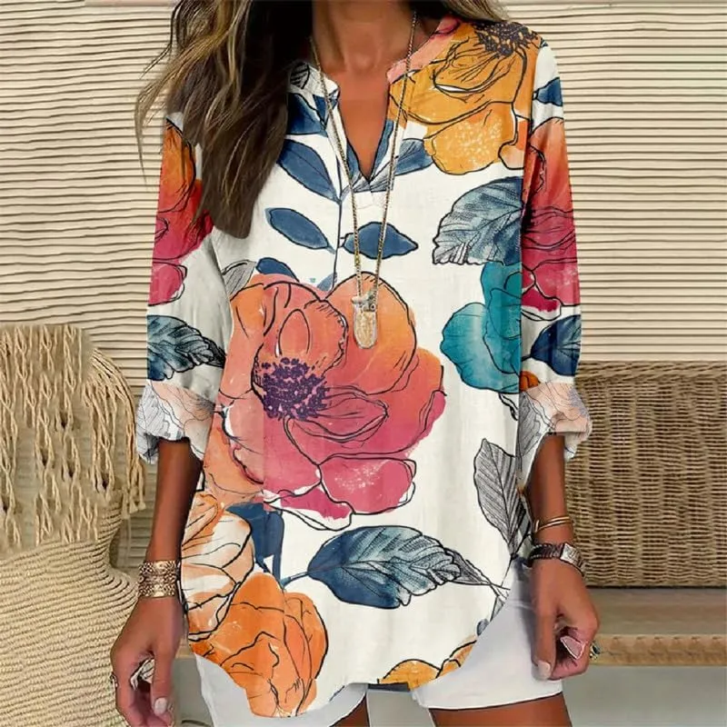 Boho Floral Linen Shirt for Women V Neck Long Sleeve Blouse Vintage Printed Casual Loose Fit Fall Tunic Tops