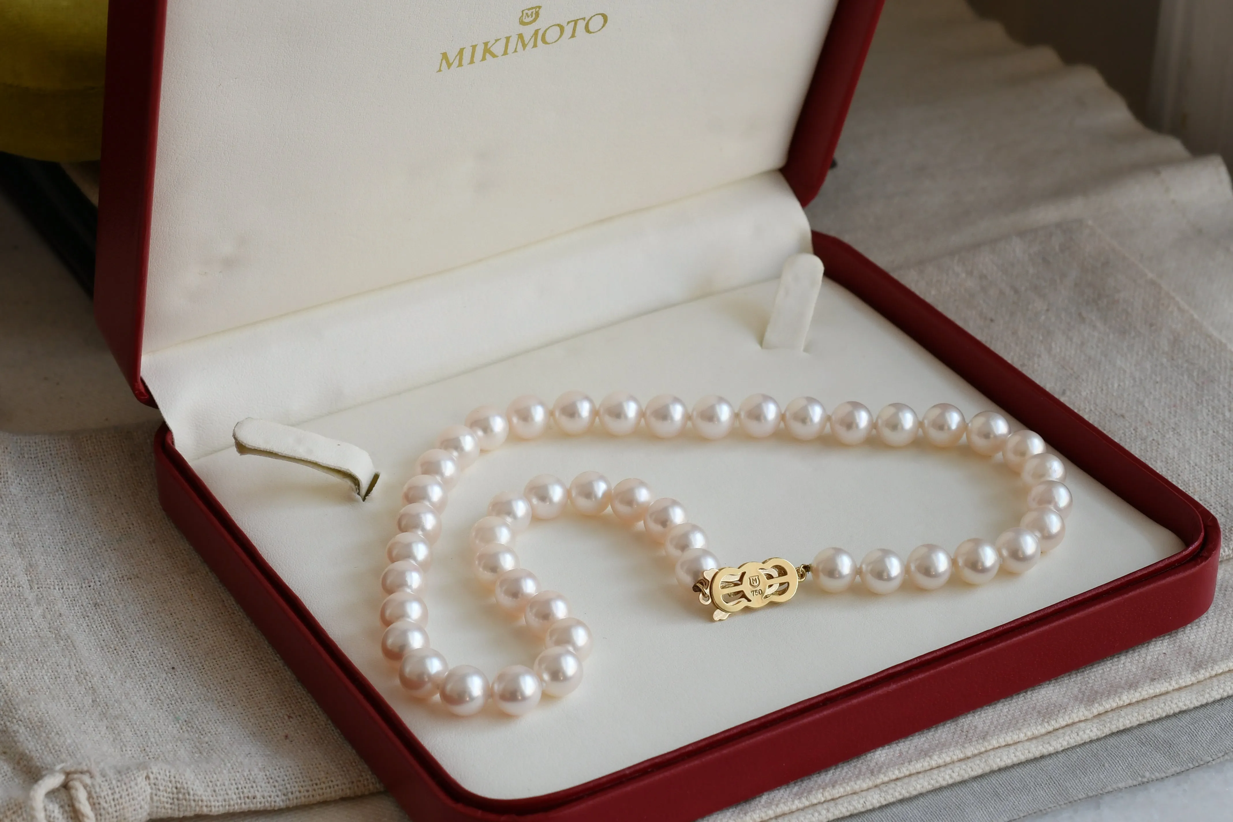 Classic Mikimoto Akoya Pearl Single Strand Necklace, 8mm-8.5mm, Hand Knotted, 18K Yellow Gold Pearl Clasp, 16 Inches
