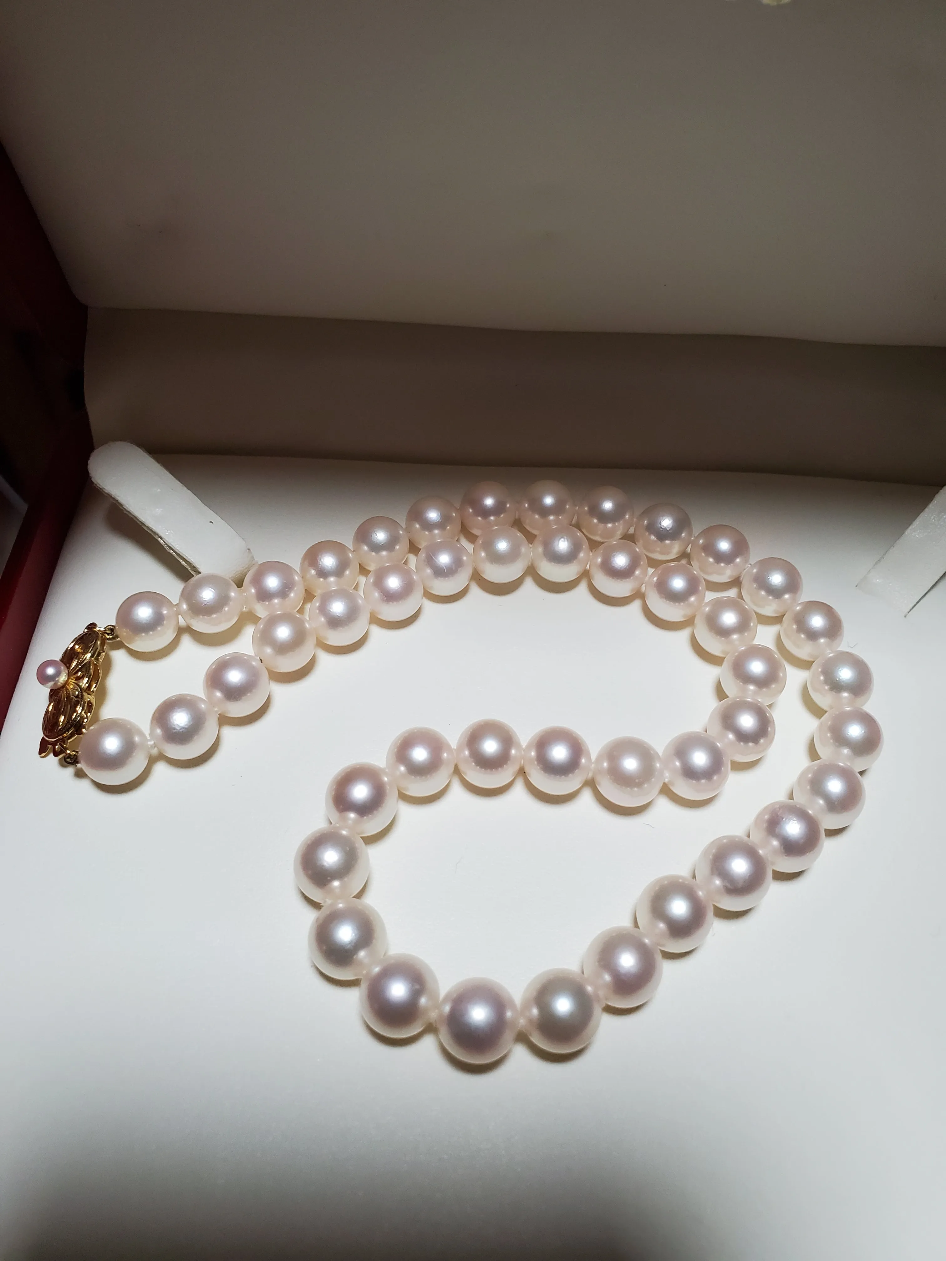 Classic Mikimoto Akoya Pearl Single Strand Necklace, 8mm-8.5mm, Hand Knotted, 18K Yellow Gold Pearl Clasp, 16 Inches