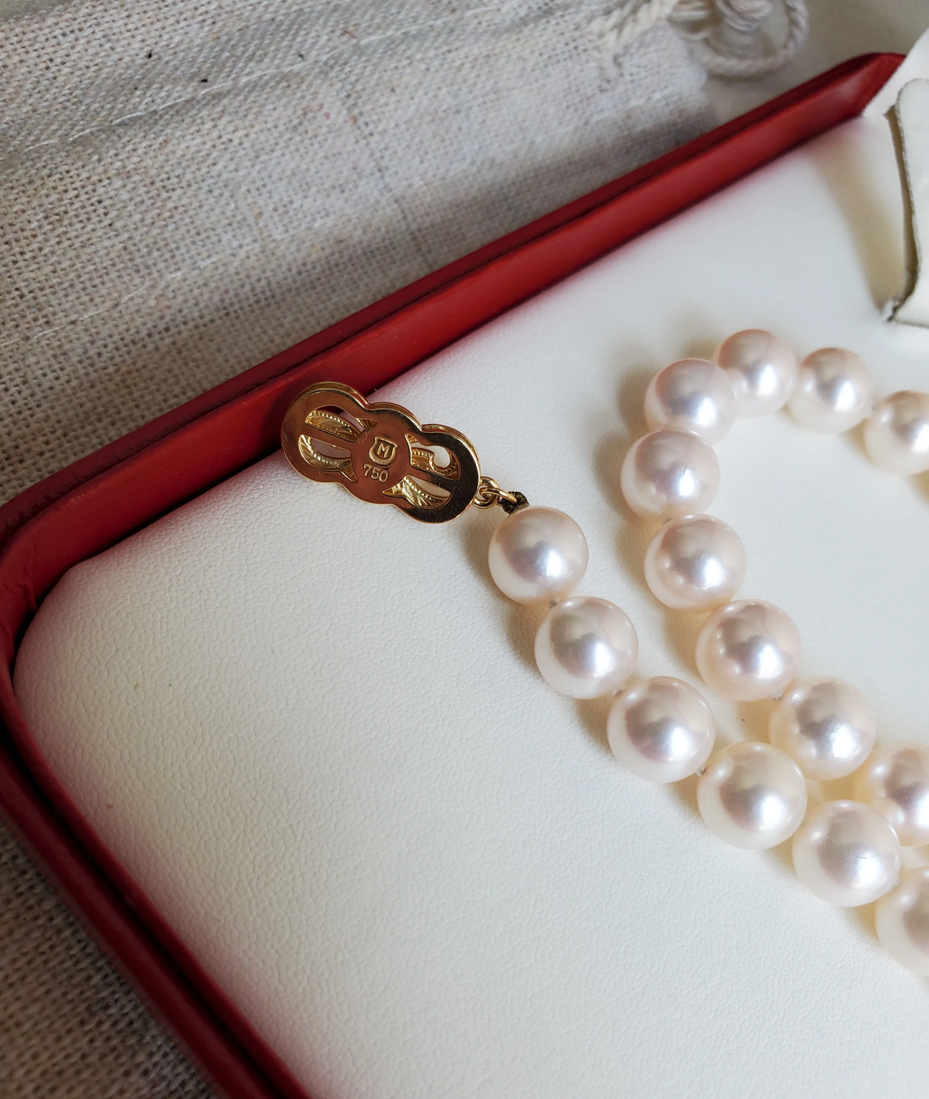 Classic Mikimoto Akoya Pearl Single Strand Necklace, 8mm-8.5mm, Hand Knotted, 18K Yellow Gold Pearl Clasp, 16 Inches