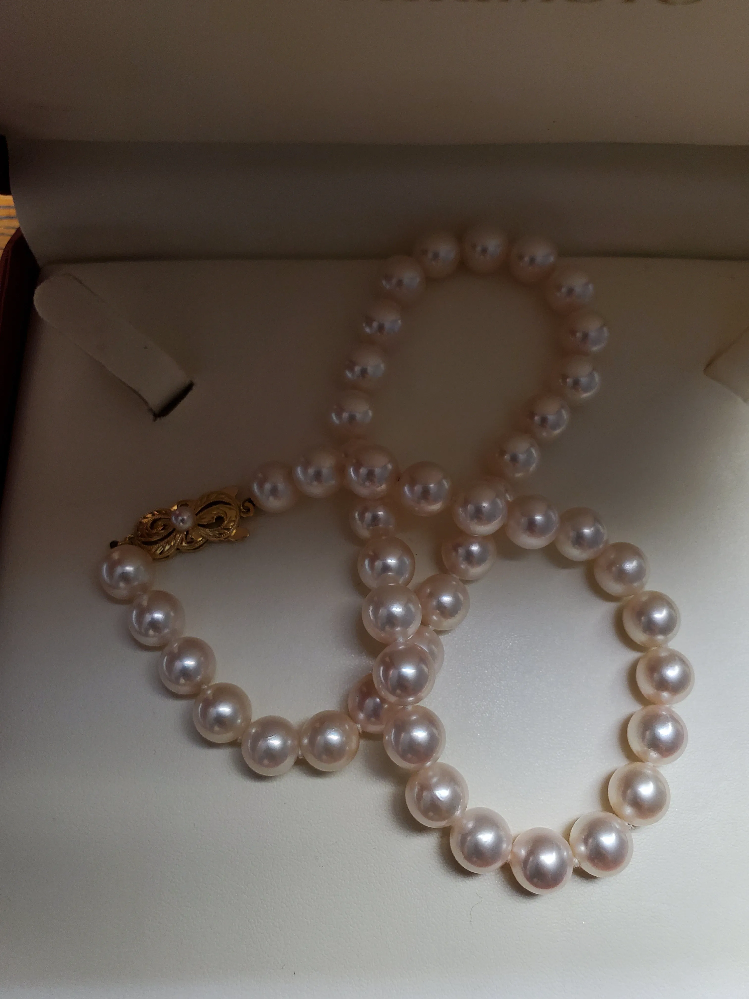 Classic Mikimoto Akoya Pearl Single Strand Necklace, 8mm-8.5mm, Hand Knotted, 18K Yellow Gold Pearl Clasp, 16 Inches