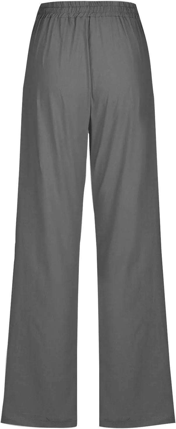 Cotton Linen Pants Women,Casual High Waist Drawstring Lounge Pants Loose Fit Pull on Straight Leg Pant with Pockets