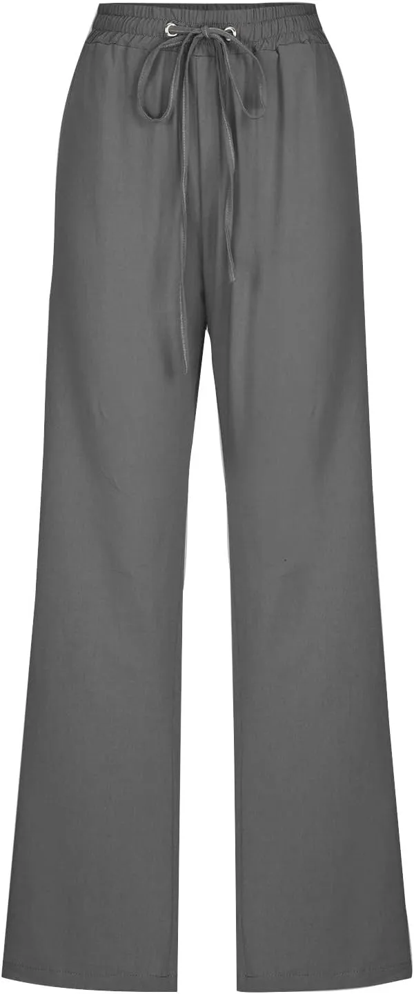 Cotton Linen Pants Women,Casual High Waist Drawstring Lounge Pants Loose Fit Pull on Straight Leg Pant with Pockets