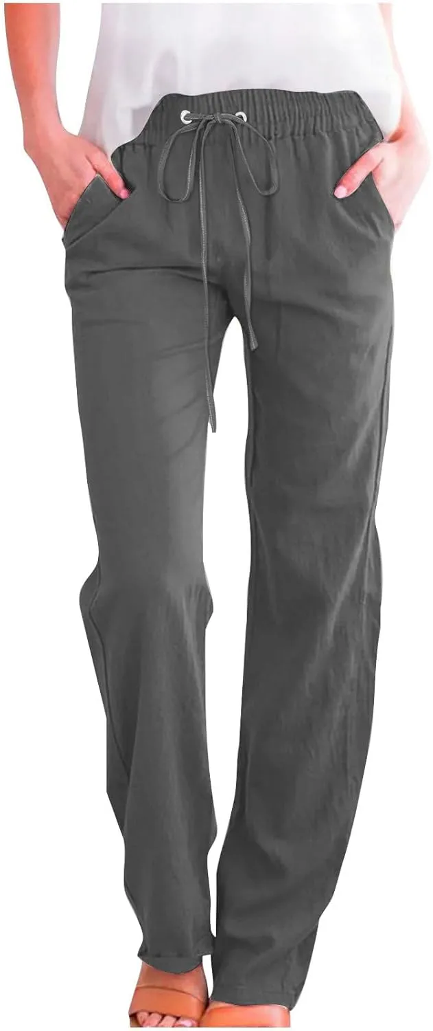 Cotton Linen Pants Women,Casual High Waist Drawstring Lounge Pants Loose Fit Pull on Straight Leg Pant with Pockets