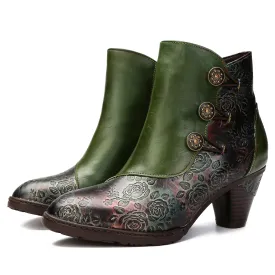 CrazycatZ Womens Leather Ankle  Boots Colorful Leather Buttoned Vintage Boots Block Heels Green