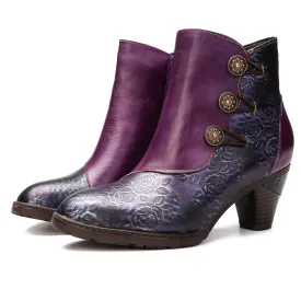 CrazycatZ Womens Leather Ankle  Boots Colorful Leather Buttoned Vintage Boots Block Heels Purple