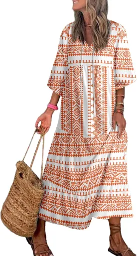 Dokotoo Women Boho Maxi Dresses 2025 V Neck Long Puff Sleeve Smocked Ruffle Flowy Casual Dress