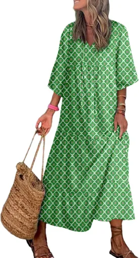 Dokotoo Women Boho Maxi Dresses 2025 V Neck Long Puff Sleeve Smocked Ruffle Flowy Casual Dress