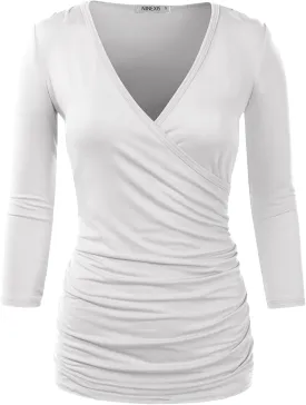 DOUBLJU 3/4 Sleeve Satin Ruched Hem Tank Tops Deep V Neck Tops Casual Basic Wrap Style T Shirts for Womens with Plus Size