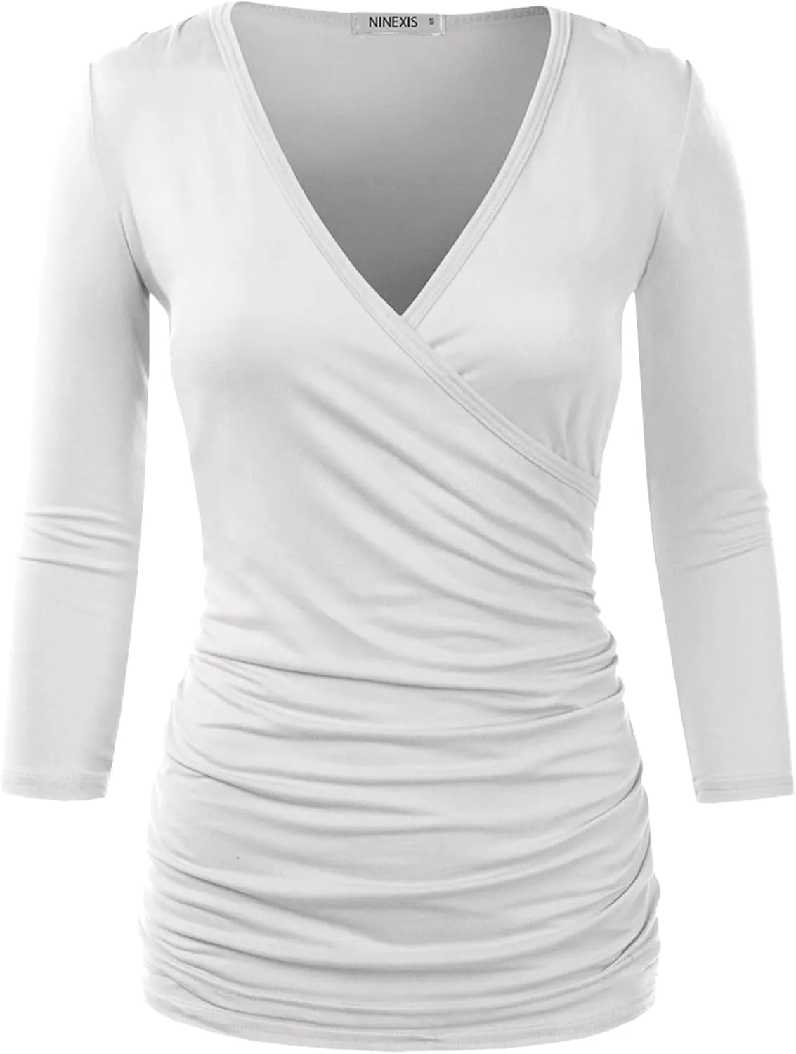 DOUBLJU 3/4 Sleeve Satin Ruched Hem Tank Tops Deep V Neck Tops Casual Basic Wrap Style T Shirts for Womens with Plus Size