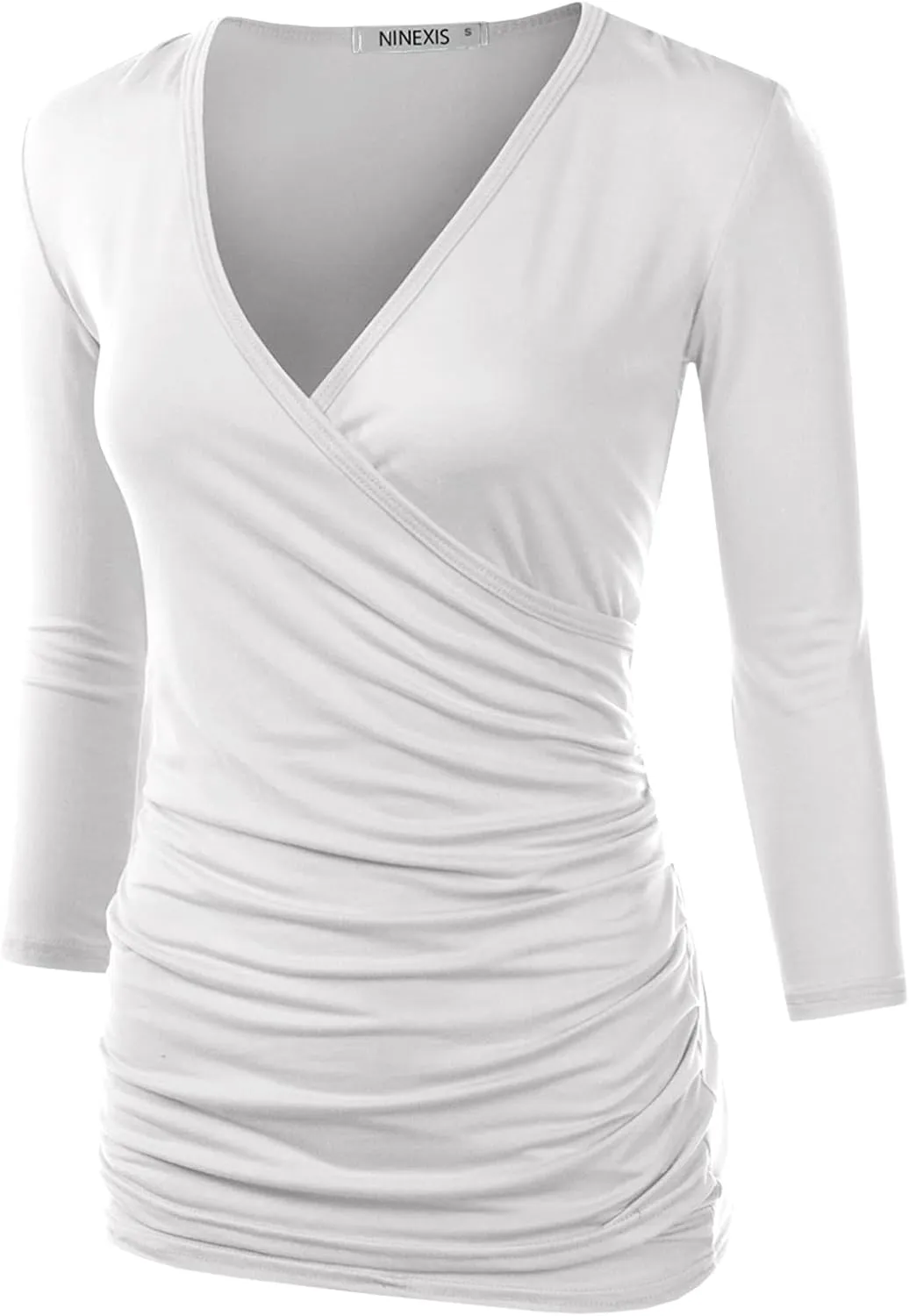 DOUBLJU 3/4 Sleeve Satin Ruched Hem Tank Tops Deep V Neck Tops Casual Basic Wrap Style T Shirts for Womens with Plus Size