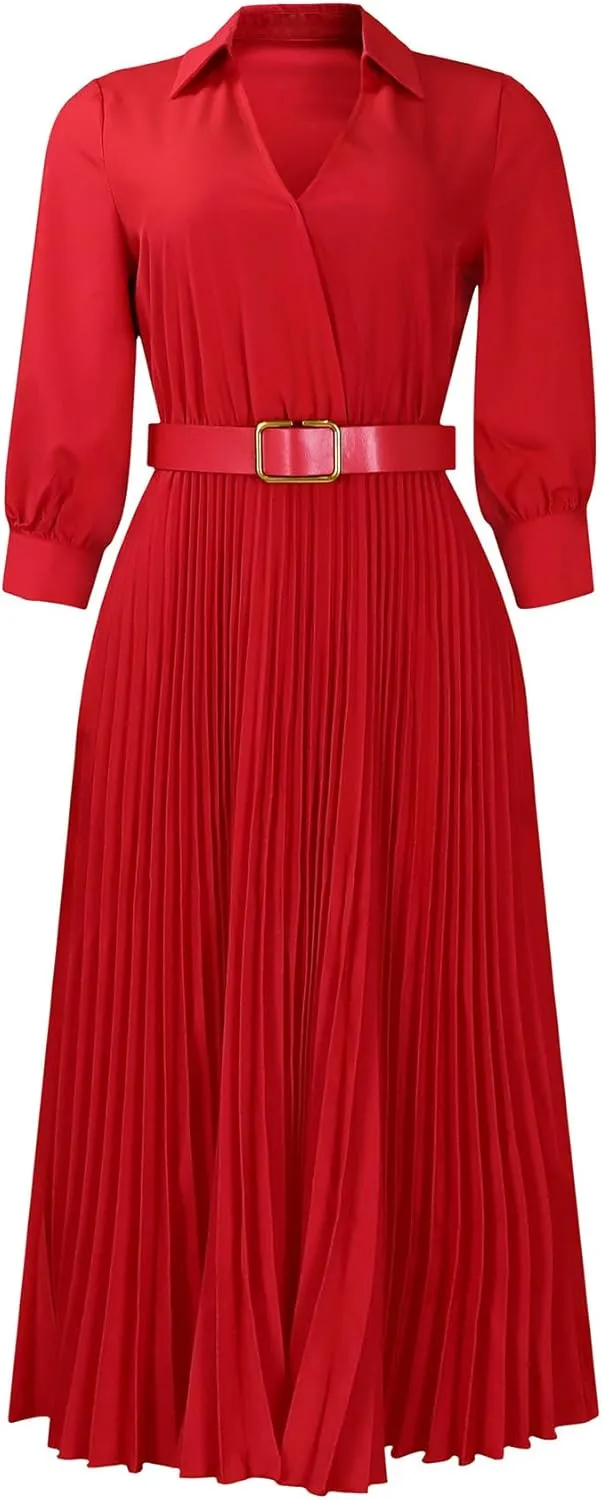 Elainone Women’s 3/4 Sleeve Flared A Line Dress Wedding Guest Casual Semi Formal Office Lady Dresses with Belt