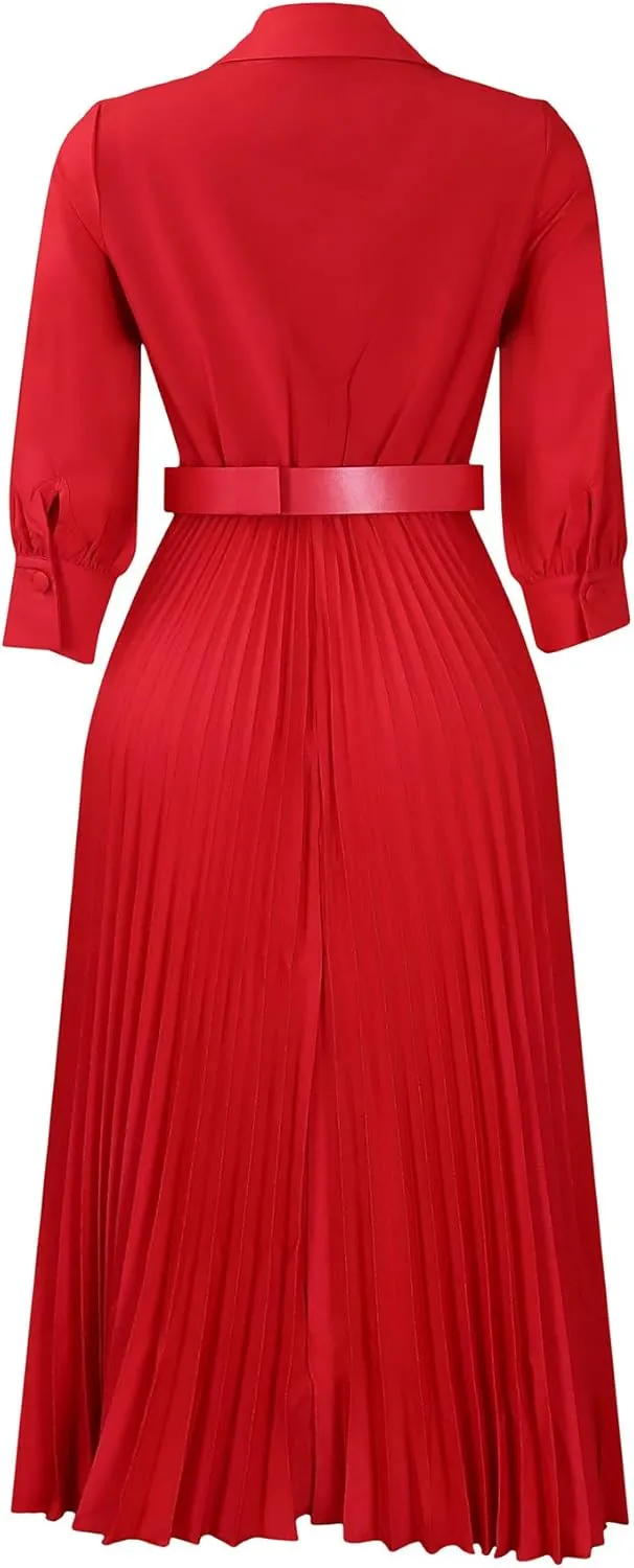 Elainone Women’s 3/4 Sleeve Flared A Line Dress Wedding Guest Casual Semi Formal Office Lady Dresses with Belt