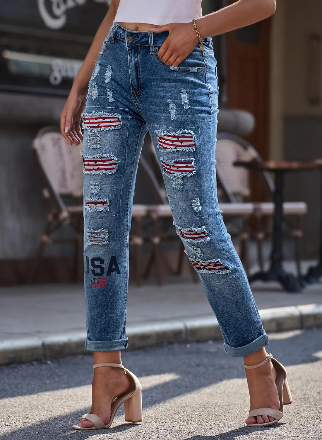 EVALESS Ripped Jeans for Women Plaid Patch Boyfriend Skinny Distressed Denim Jean Pants