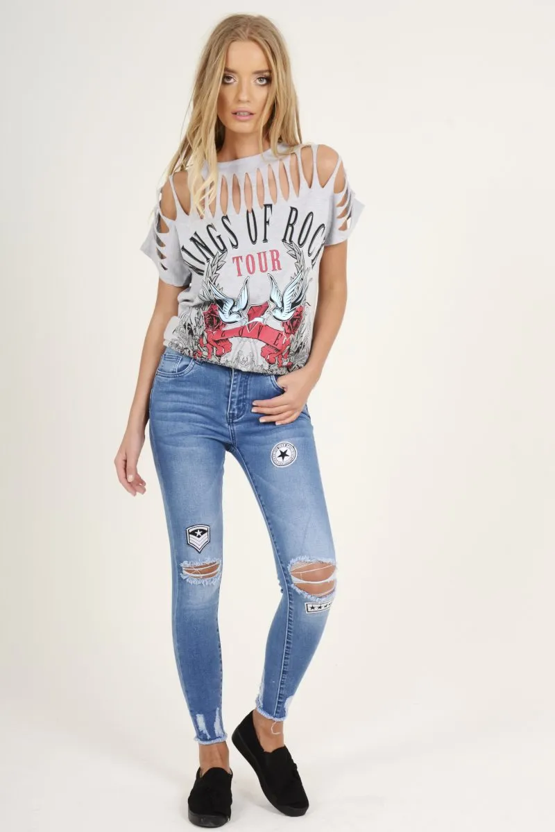 Grey Distressed 'Wings Of Rock Tour' Print T-Shirt - Mischa