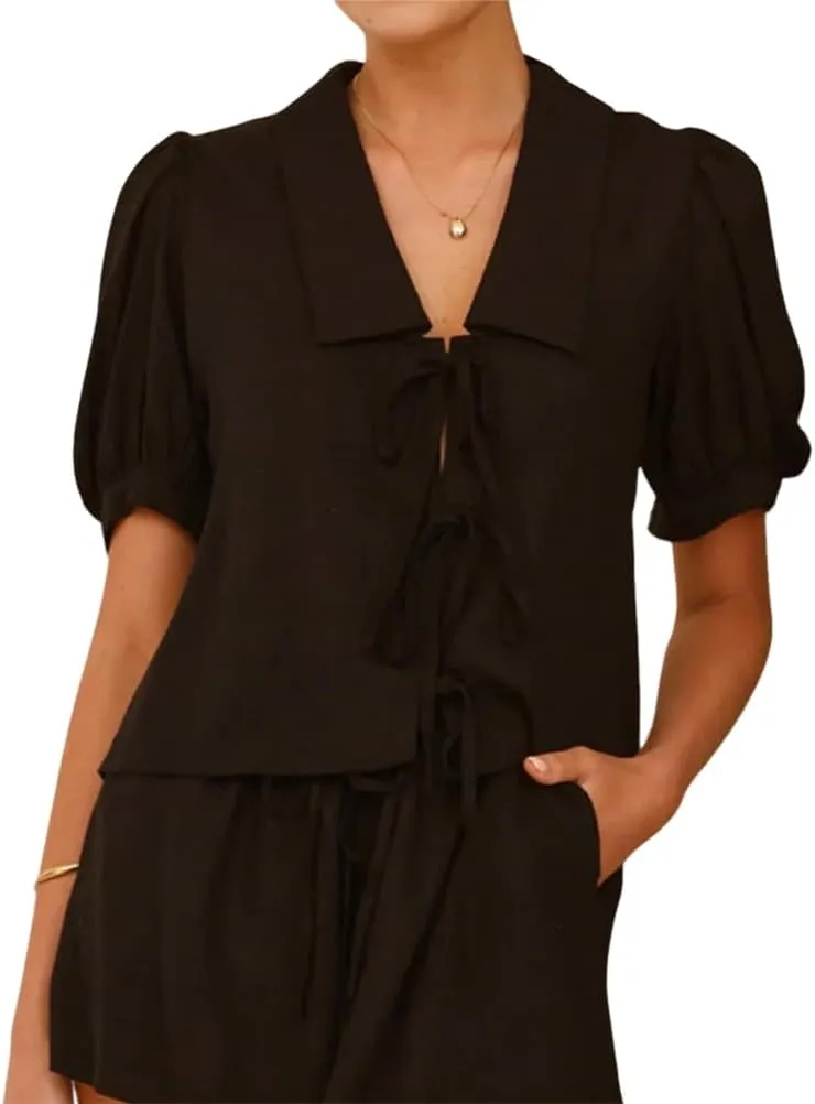 IDEALSANXUN Womens Tie Front Tops Spring Summer Short Ballon Sleeve Bow Blouses