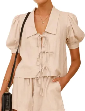 IDEALSANXUN Womens Tie Front Tops Spring Summer Short Ballon Sleeve Bow Blouses
