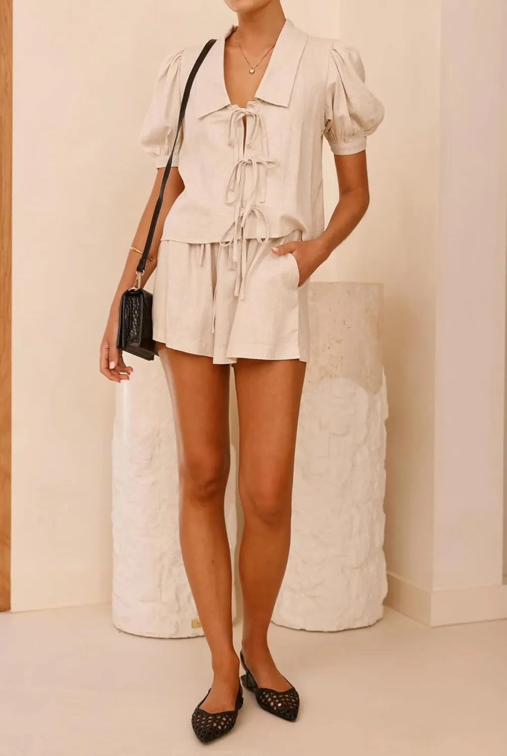 IDEALSANXUN Womens Tie Front Tops Spring Summer Short Ballon Sleeve Bow Blouses