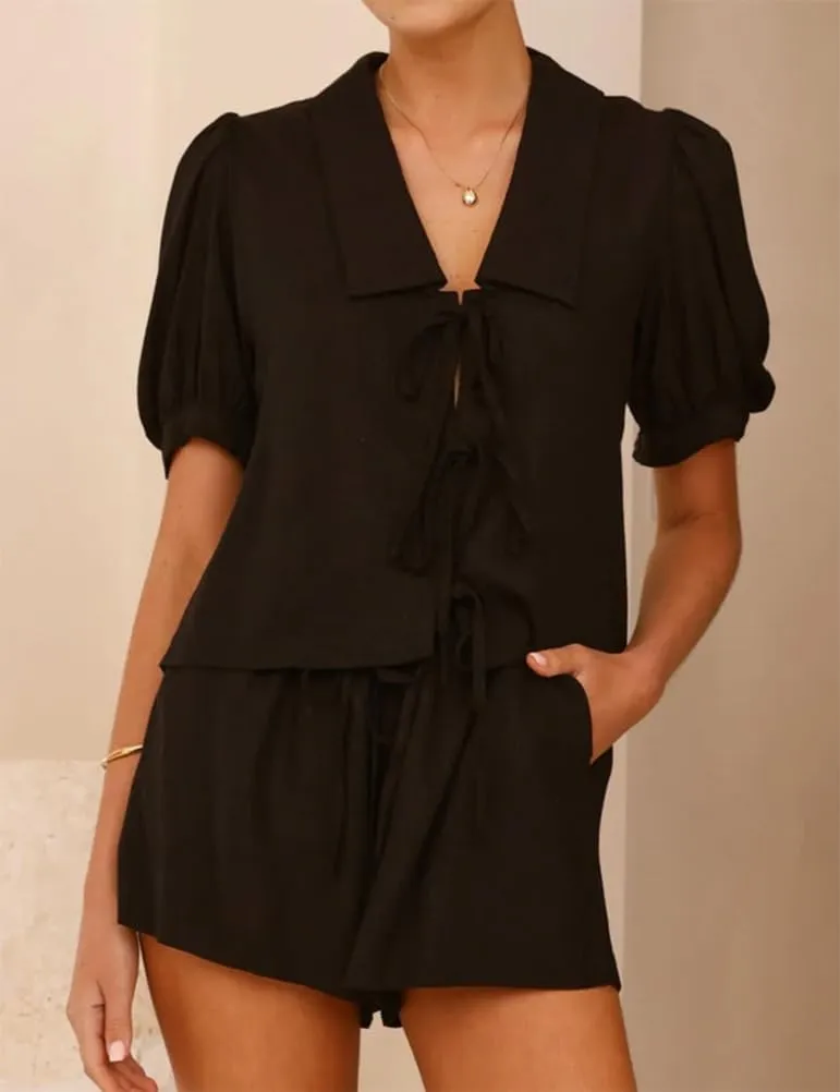 IDEALSANXUN Womens Tie Front Tops Spring Summer Short Ballon Sleeve Bow Blouses