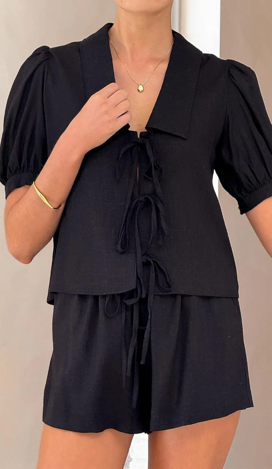 IDEALSANXUN Womens Tie Front Tops Spring Summer Short Ballon Sleeve Bow Blouses
