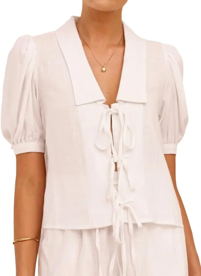 IDEALSANXUN Womens Tie Front Tops Spring Summer Short Ballon Sleeve Bow Blouses