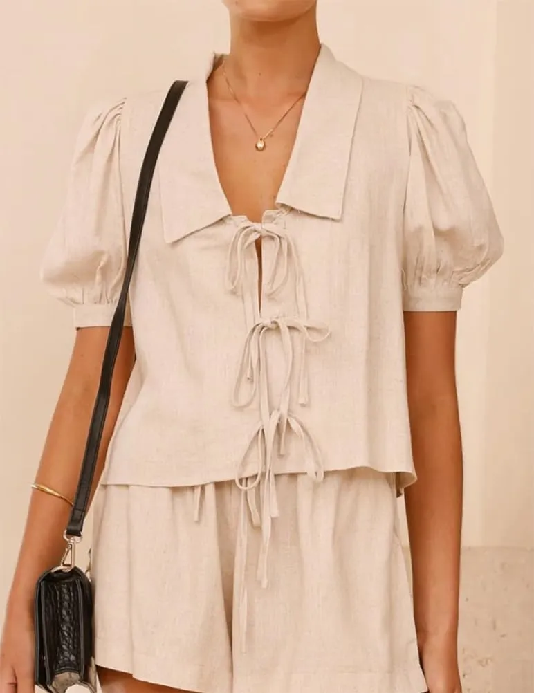IDEALSANXUN Womens Tie Front Tops Spring Summer Short Ballon Sleeve Bow Blouses