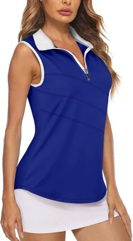 Koscacy Women's Sleeveless Golf Tennis Polo Shirts Zip Up Dry Fit Workout Tank Tops Athletic Shirt
