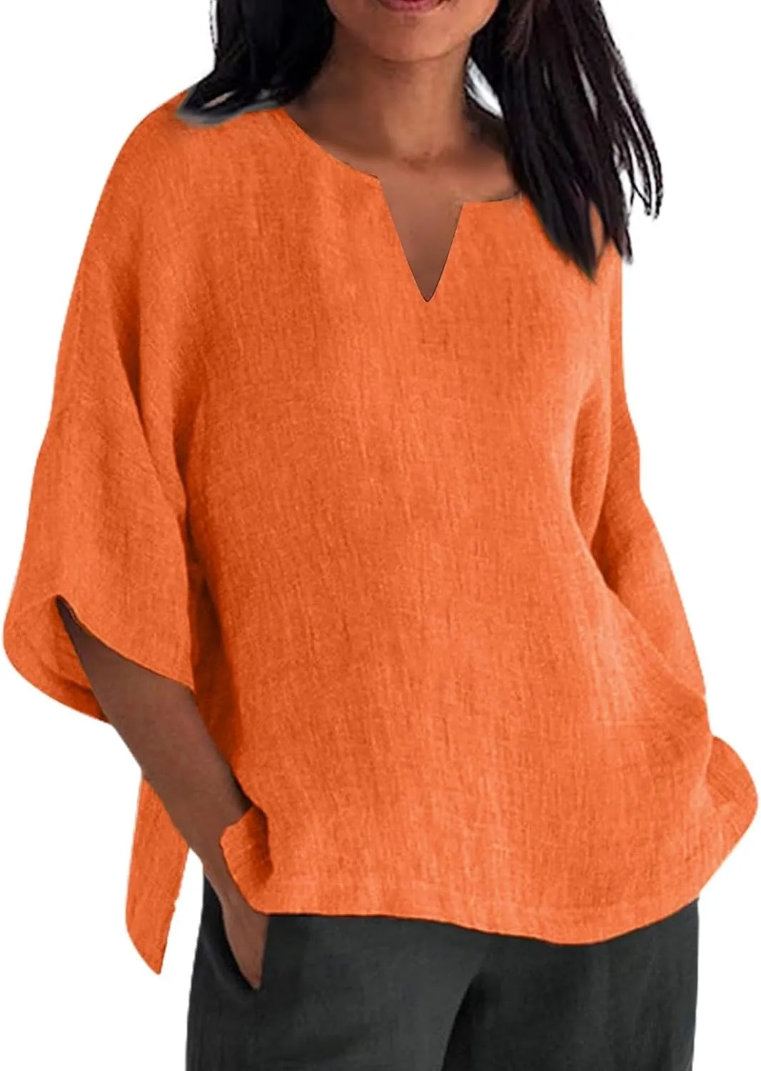 Linen Shirts for Women Solid Color Basic 3/4 Sleeve Tops 2025 Summer Casual Blouses Ladies Fashion Vacation Tunic