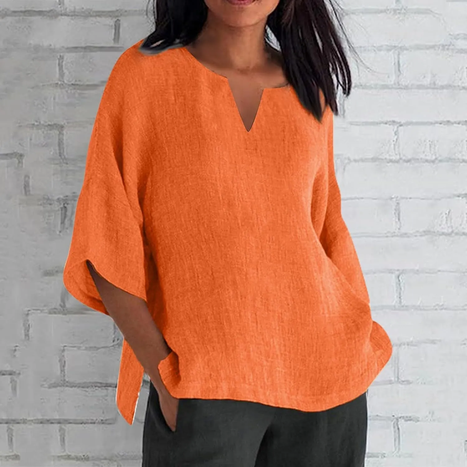 Linen Shirts for Women Solid Color Basic 3/4 Sleeve Tops 2025 Summer Casual Blouses Ladies Fashion Vacation Tunic