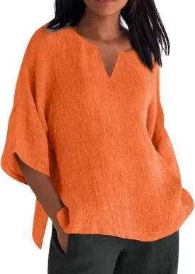 Linen Shirts for Women Solid Color Basic 3/4 Sleeve Tops 2025 Summer Casual Blouses Ladies Fashion Vacation Tunic