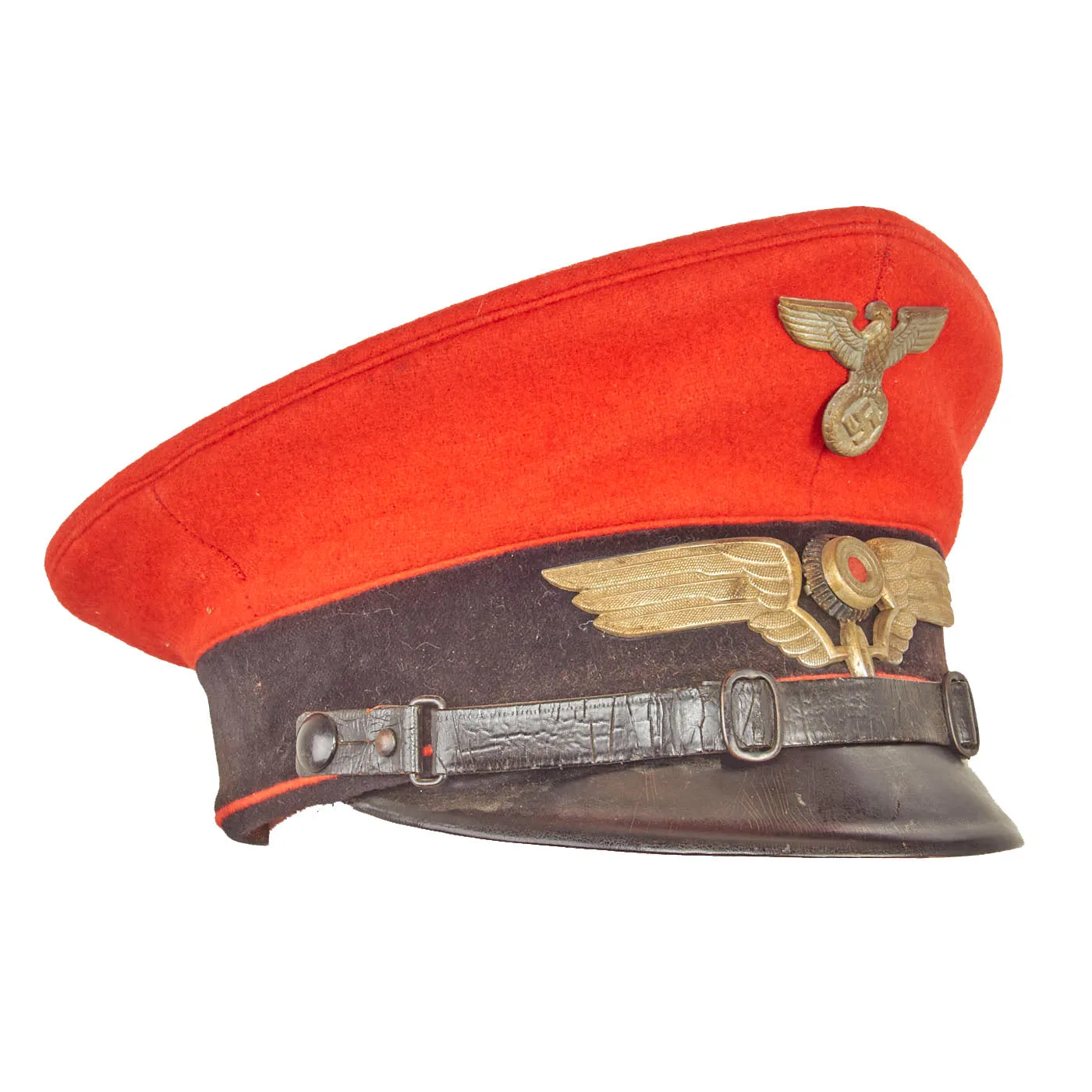 Original WWII German Deutsche Reichsbahn Railway Official’s Red-Topped Visor Cap with Winged Wheel Insignia