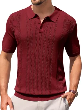 Runcati Mens Knit Polo Shirts Short Sleeve Slim Fit Casual Golf Shirts Hollow Out Cotton Summer Textured Tops