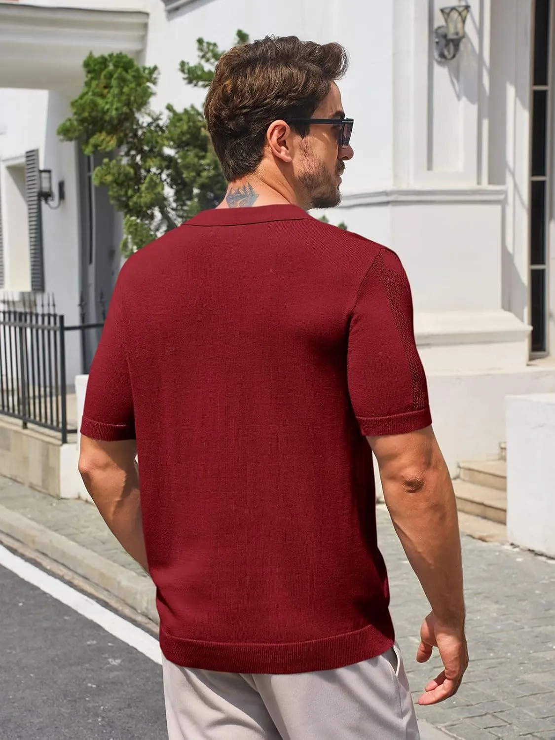 Runcati Mens Knit Polo Shirts Short Sleeve Slim Fit Casual Golf Shirts Hollow Out Cotton Summer Textured Tops