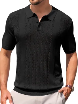 Runcati Mens Knit Polo Shirts Short Sleeve Slim Fit Casual Golf Shirts Hollow Out Cotton Summer Textured Tops