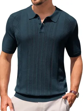 Runcati Mens Knit Polo Shirts Short Sleeve Slim Fit Casual Golf Shirts Hollow Out Cotton Summer Textured Tops