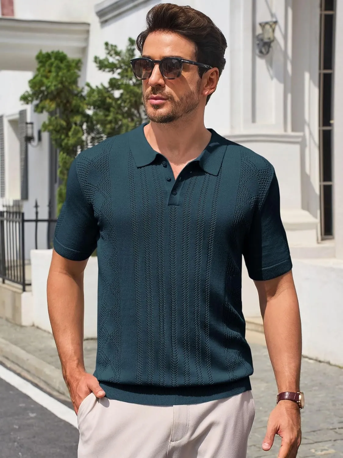 Runcati Mens Knit Polo Shirts Short Sleeve Slim Fit Casual Golf Shirts Hollow Out Cotton Summer Textured Tops