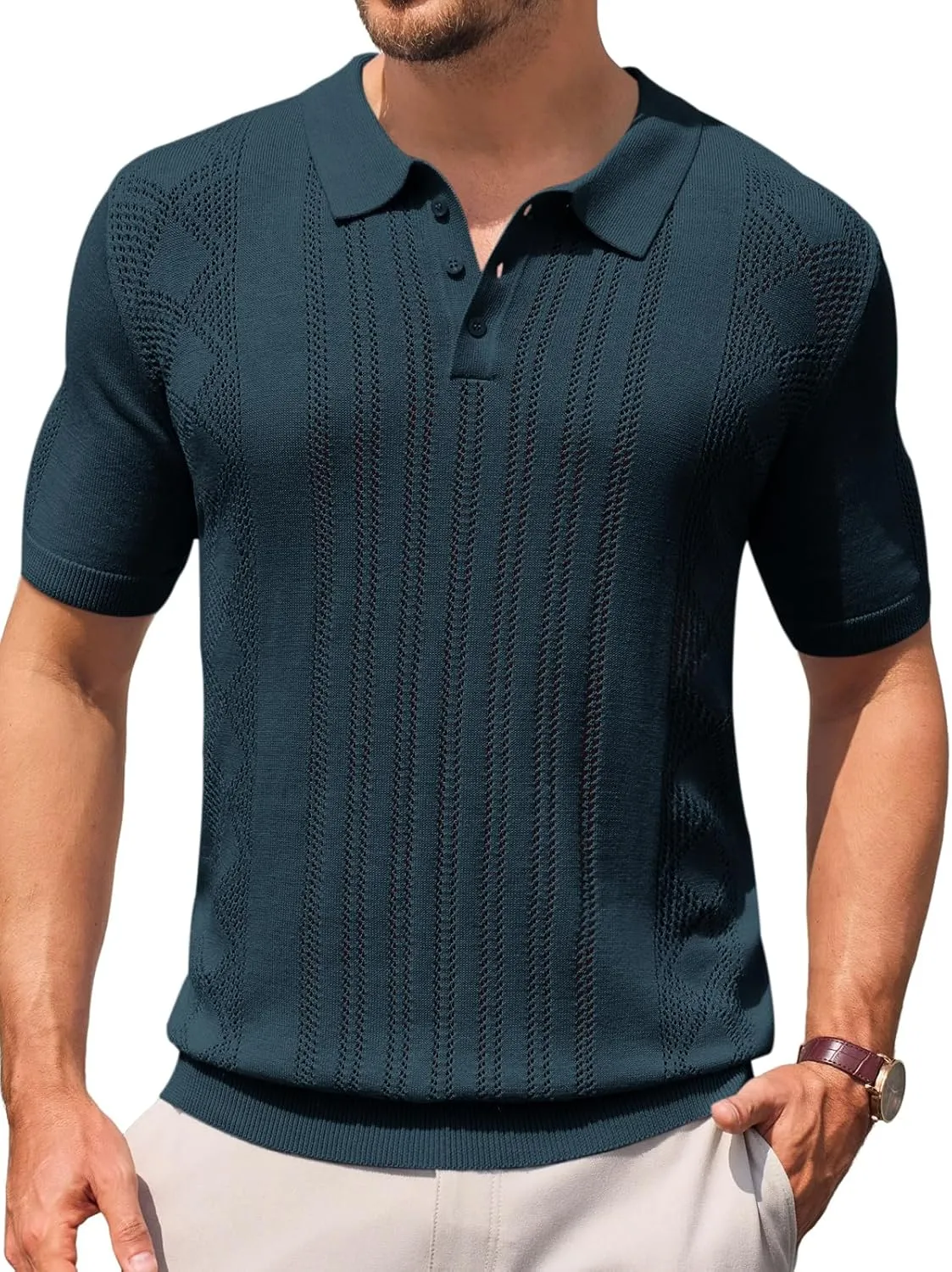 Runcati Mens Knit Polo Shirts Short Sleeve Slim Fit Casual Golf Shirts Hollow Out Cotton Summer Textured Tops