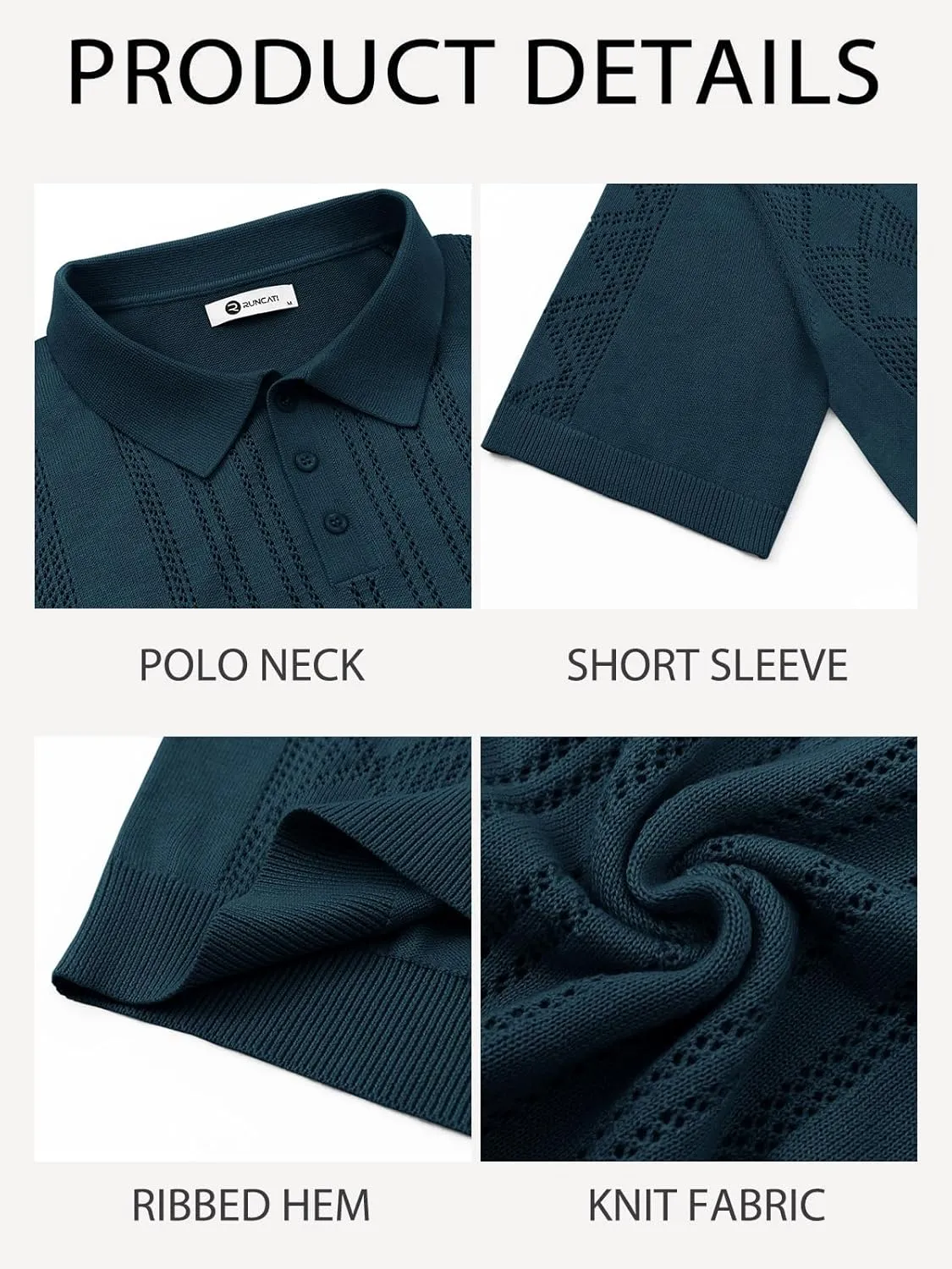 Runcati Mens Knit Polo Shirts Short Sleeve Slim Fit Casual Golf Shirts Hollow Out Cotton Summer Textured Tops