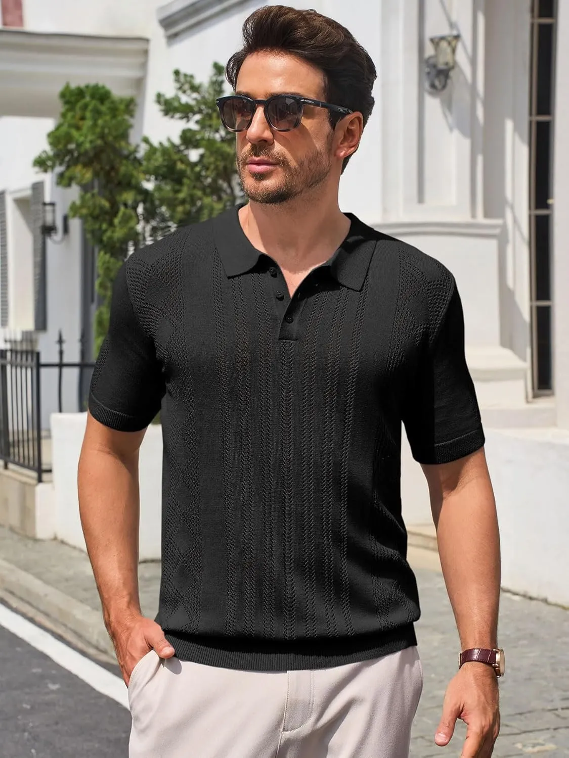 Runcati Mens Knit Polo Shirts Short Sleeve Slim Fit Casual Golf Shirts Hollow Out Cotton Summer Textured Tops