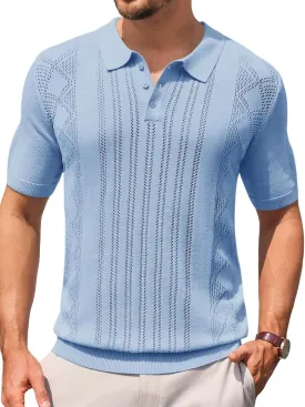 Runcati Mens Knit Polo Shirts Short Sleeve Slim Fit Casual Golf Shirts Hollow Out Cotton Summer Textured Tops