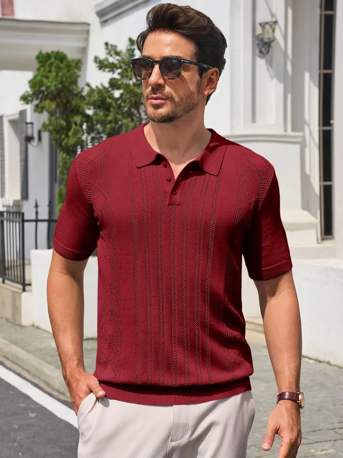 Runcati Mens Knit Polo Shirts Short Sleeve Slim Fit Casual Golf Shirts Hollow Out Cotton Summer Textured Tops