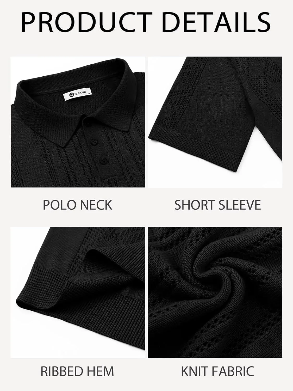 Runcati Mens Knit Polo Shirts Short Sleeve Slim Fit Casual Golf Shirts Hollow Out Cotton Summer Textured Tops