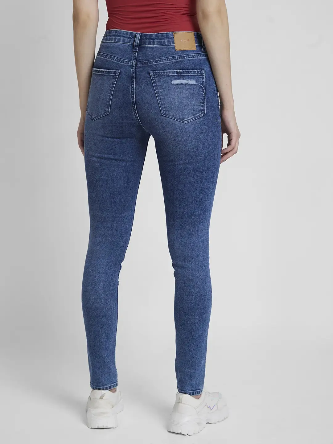 Spykar Women Mid Blue Lycra Skinny Fit Regular Length Mild Distressed Jeans -(Adora)